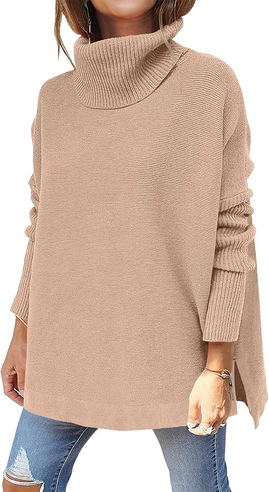Caracilia Women's Turtleneck Oversized Knit Sweater 2024 Long Batwing Sleeve Spilt Hem Pullover S... | Amazon (US)
