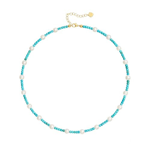 Turquoise Beaded Pearl Choker Necklace, Boho Teal Stone Summer Necklace, Adjustable Turquoise Jewelry for Women | Amazon (US)