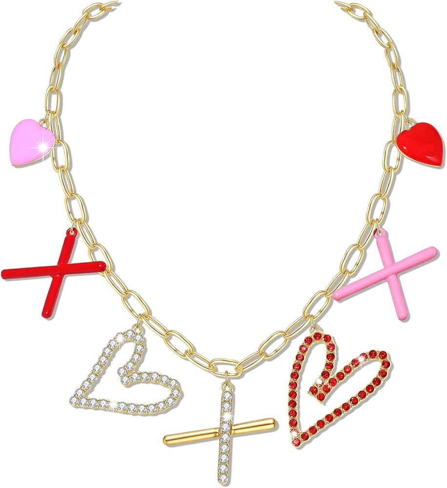 Valentines Day Heart Necklace for Women Chunky Red Pink Rhinestone XOXO Heart Charm Paperclip Cha... | Amazon (US)