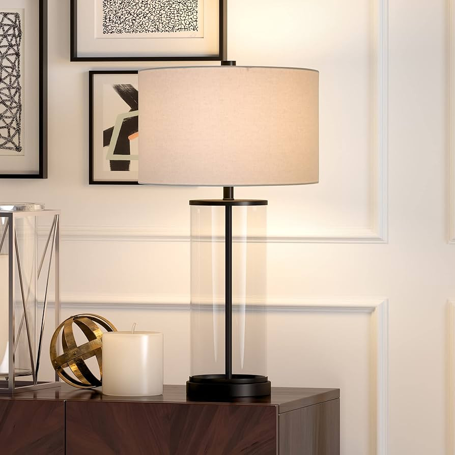 Henn&Hart 28" Tall Table Lamp with Fabric Shade in Blackened Bronze/White, Lamp, Desk Lamp for Ho... | Amazon (US)