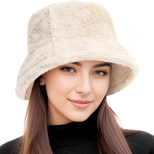 BFONS Faux Fur Winter Bucket Hat for Women Men Fuzzy Warm Hat Women's Furry Fisherman Cap for Casual, Trips, Sports, Skiing (Beige) | Amazon (US)
