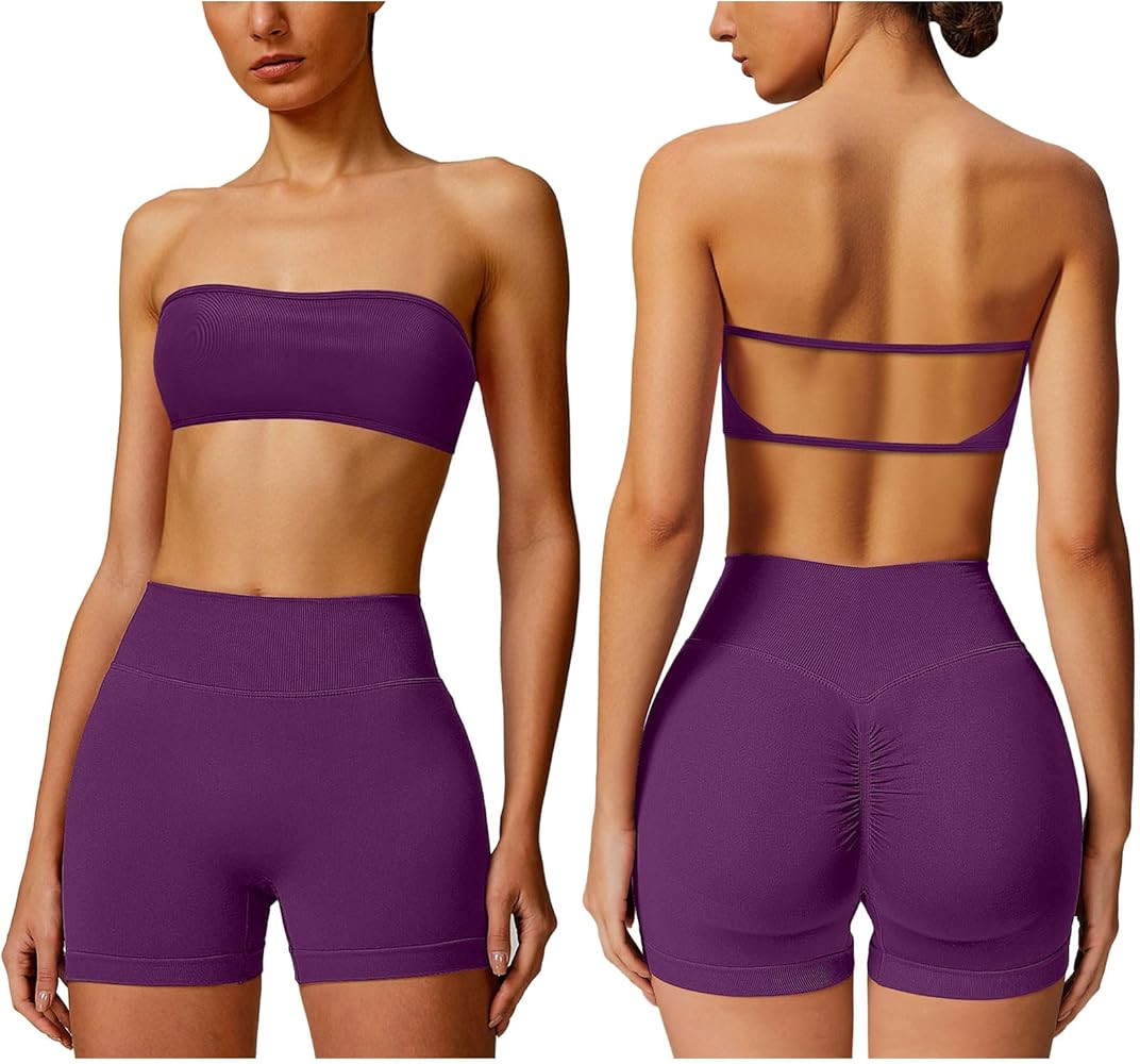 ABOCIW Workout Sets for Women Backless Bandeau Sports Bra Seamless Scunch Butt Lifting High Waist... | Amazon (US)