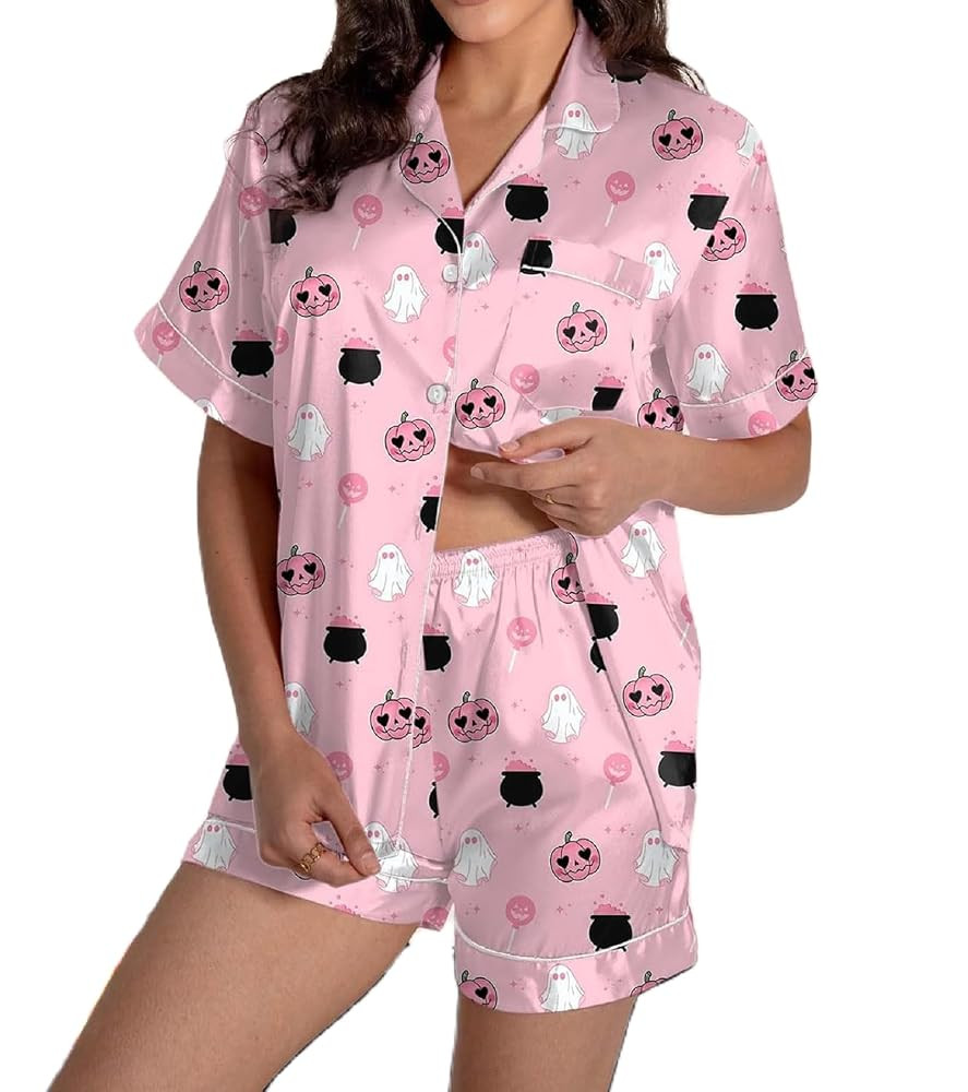 Aonoapll Halloween Pajamas Women Pumpkin Ghost Graphic 2 Piece Sleepwear Short Sleeve Button Shir... | Amazon (US)