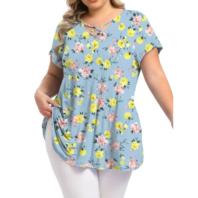 Womens Plus Size Tops Criss Cross V Neck Short Sleeve Summer Casual Blouses 2X | Walmart (US)