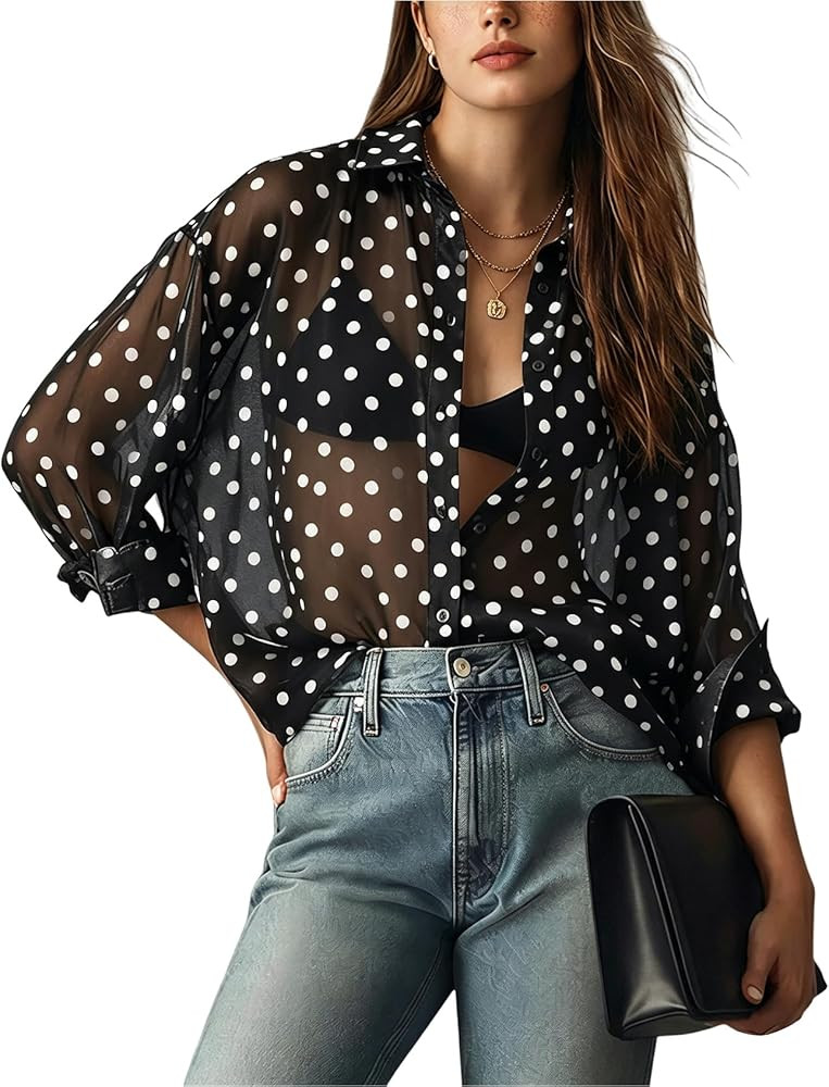 Wyeysyt Sheer Tops for Women Shiny Mesh Top Sheer Button Up Shirt See Through Sexy Long Sleeve Bl... | Amazon (US)