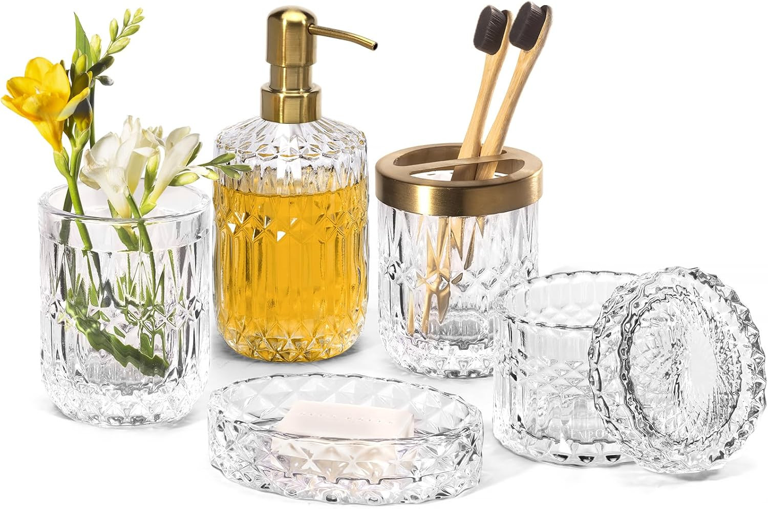 6PCS Bathroom Clear Glass Accessories Set (Lotion Soap Dispenser, Soap Dish, Toothbrush Holder, Tumbler, Cotton Swab Jar), Contemporary Modern Decor Crystal Vintage Gift (6pcs Clear) | Amazon (US)