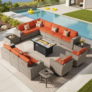 Loomcraft 16 Pieces Wicker Outdoor Patio Rectangular Fire Pit Set and Swivel Rocking Chairs with Orange Red Cushions | The Home Depot