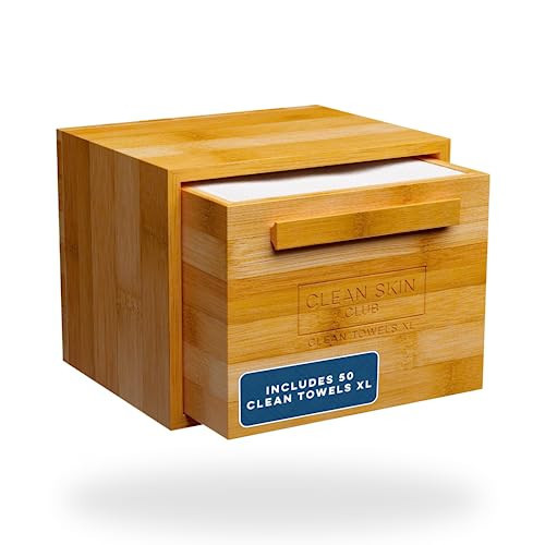 Clean Skin Club Luxe Bamboo Box with Drawer & Towels XL, Face Towel, Disposable Makeup Remover Dry Wipes, Facial Wash (Bamboo Container Drawer) | Amazon (US)