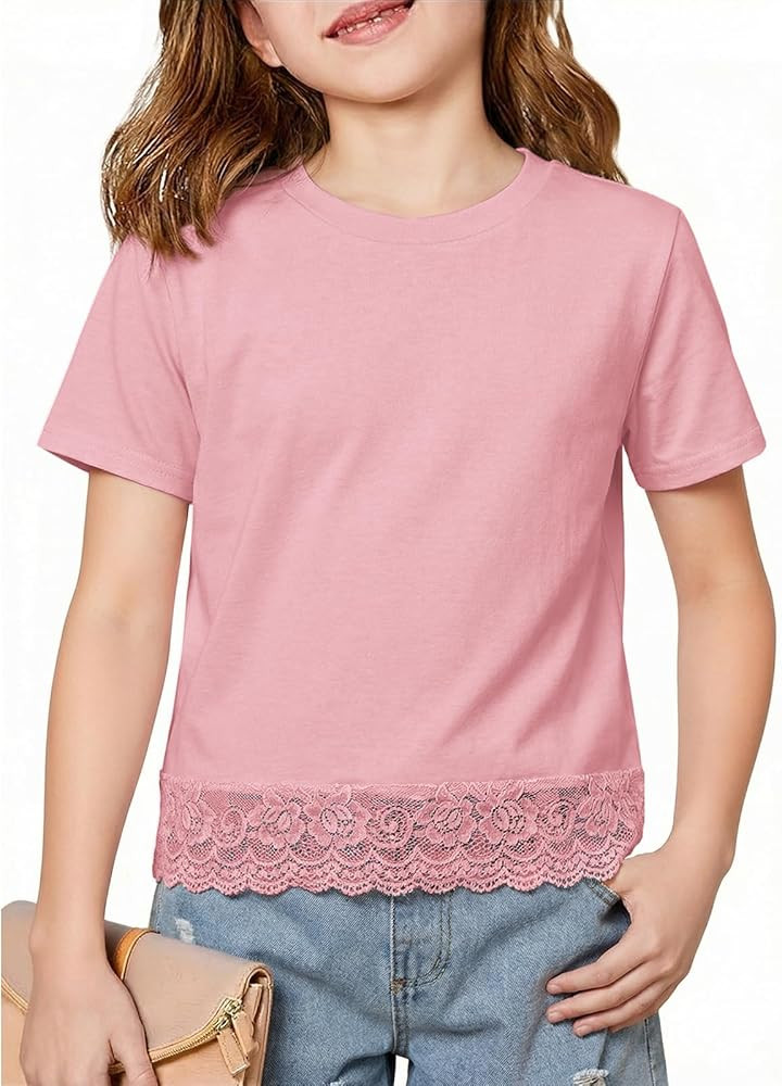Girls Short Sleeve Lace Hem T Shirts Crewneck Casual Blouse Kids Summer Tops Tees 5-14 Years | Amazon (US)