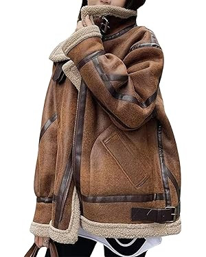 loveimgs Women Oversized Faux Suede Moto Jacket Sherpa Fleece Lined Leather Jacket Aviator Shearl... | Amazon (US)