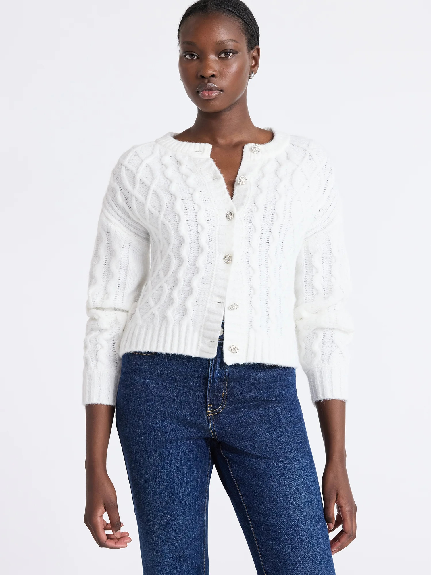 Free Assembly Women's and Women's Plus Cropped Cable Cardigan Sweater, Midweight, Sizes XS-4X | Walmart (US)