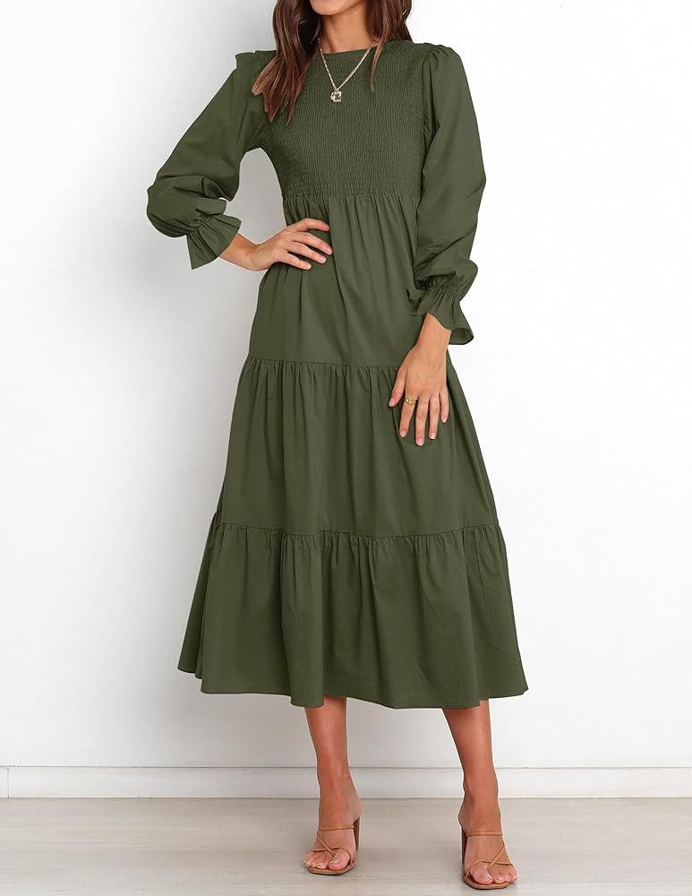 ZESICA Women's Casual Plaid Crew Neck Long Puff Sleeve Elastic Waist Smocked Flowy Tiered Midi Dress | Amazon (US)
