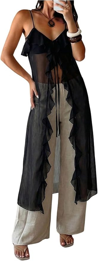 SHENHE Women's Chiffon Maxi Top Camisole Tie Front Ruffle Spaghetti Strap Long Flowy Top Tank | Amazon (US)