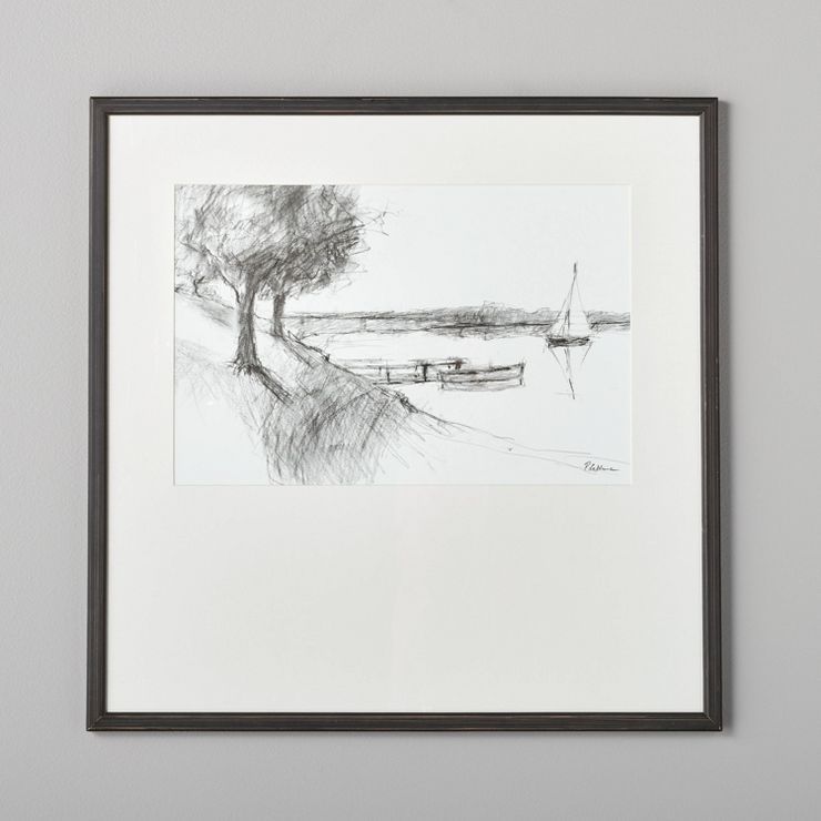 24&#34;x24&#34; Waterfront Landscape Sketch Framed Wall Art Black/White - Hearth &#38; Hand&#8482... | Target
