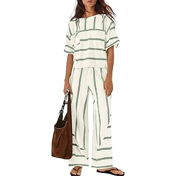 Nirovien Womens Striped Lounge Set 2 Piece Vacation Sets Short Sleeve Tops and Wide Leg Pants Tra... | Amazon (US)