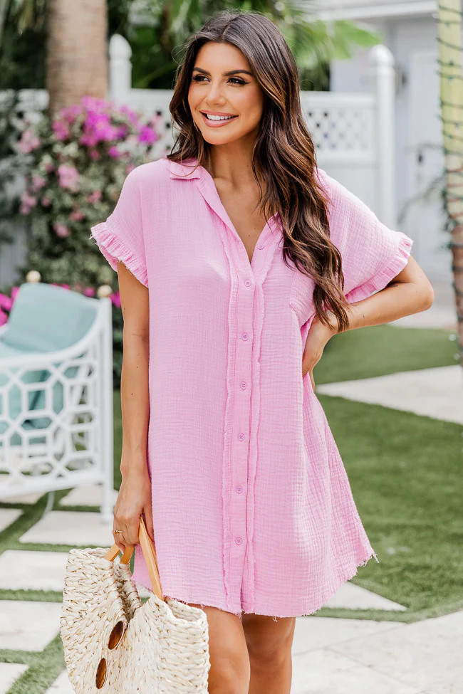No Worries Pink Gauze Button Up Dress | Pink Lily