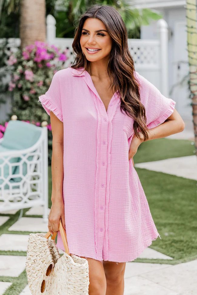 No Worries Pink Gauze Button Up Dress | Pink Lily