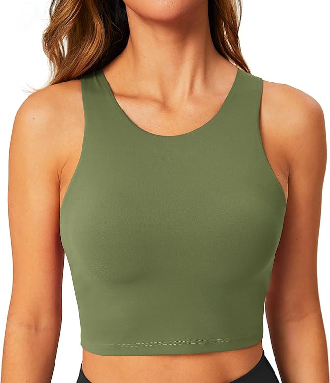 BAYDI Longline Sports Bra High Neck Crop Top with Built in Bra Racerback Tank Tops Removable Padd... | Amazon (US)
