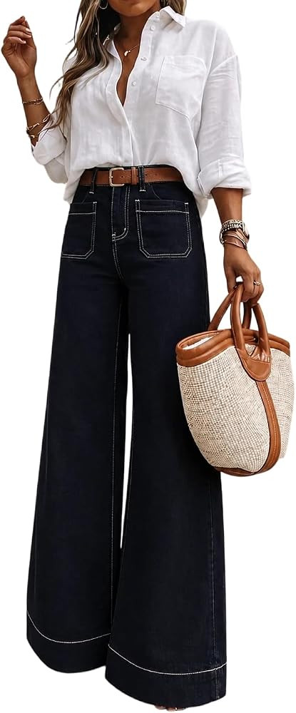 Women's High Waisted Wide Leg Jeans with Retro Patch Pockets Stretchy 70s Vintage Loose Denim Pan... | Amazon (US)