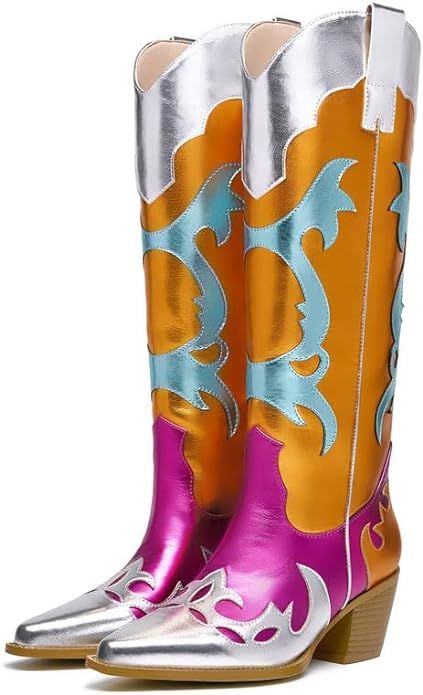 Women's Metallic Mid Calf Cowboy Boots Wide-calf Embroidered Cowgirl Boots Western Booties Pointe... | Amazon (US)