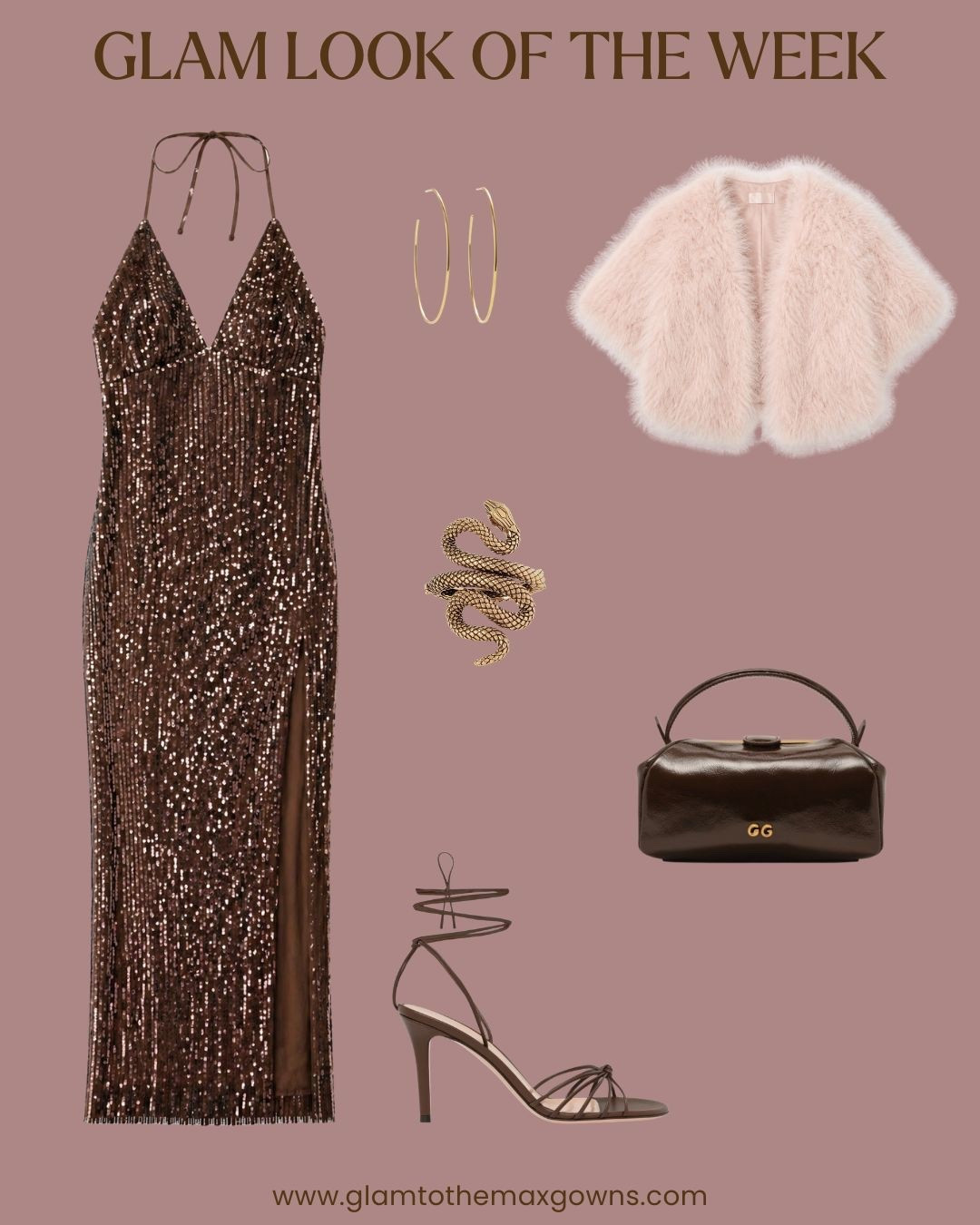 🕺🏼Glam Look of the Week, Vol. 44🕺🏼
This week’s look is made for evenings out. Think rooftop parties, cocktails, date nights, birthday dinners…you get the gist. I love the ‘70s vibe, and the pink feather bolero is the grooviest finishing touch.

@bardot @gianvitorossi @chloe @baublebar @yves_salomon @cultgaia 

#glamlookoftheweek #sequinstyle #brownoutfit #nightoutlook #ootd  
#glamoratti #monochromestyle #accessorieslover #hoopearrings #sequindress #snakebangle #featherbolero 

#LTKootd