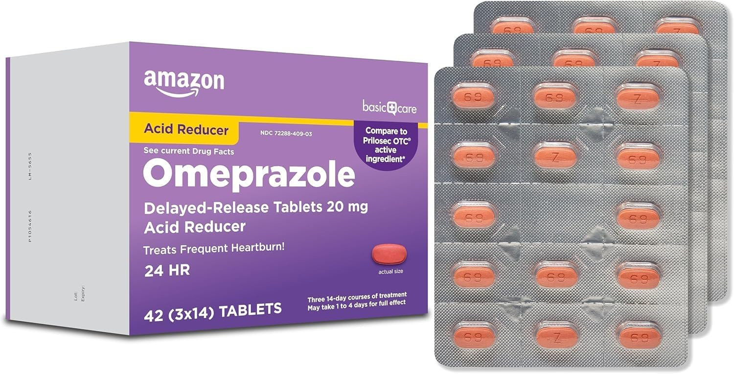 Amazon Basic Care Omeprazole Delayed Release Tablets 20 mg, Treats Frequent Heartburn, Acid Reducer, Heartburn Medicine, 42 Count (Pack of 1) | Amazon (US)