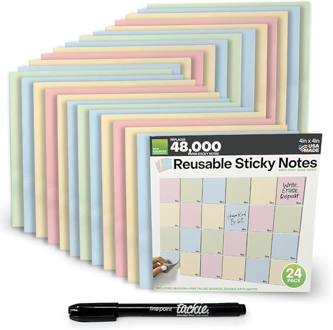 M.C. Squares Reusable Sticky Notes | 4" x 4" 24 Pack of Colorful Stickies | Wet & Dry Erase Post ... | Amazon (US)