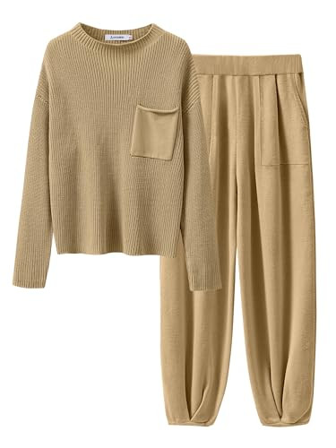 ANRABESS Women's Two Piece Outfits Long Sleeve Knit Top Fall Sweater Set Oversized Pants Tracksuit Lounge Sets Brown X-Large | Amazon (US)