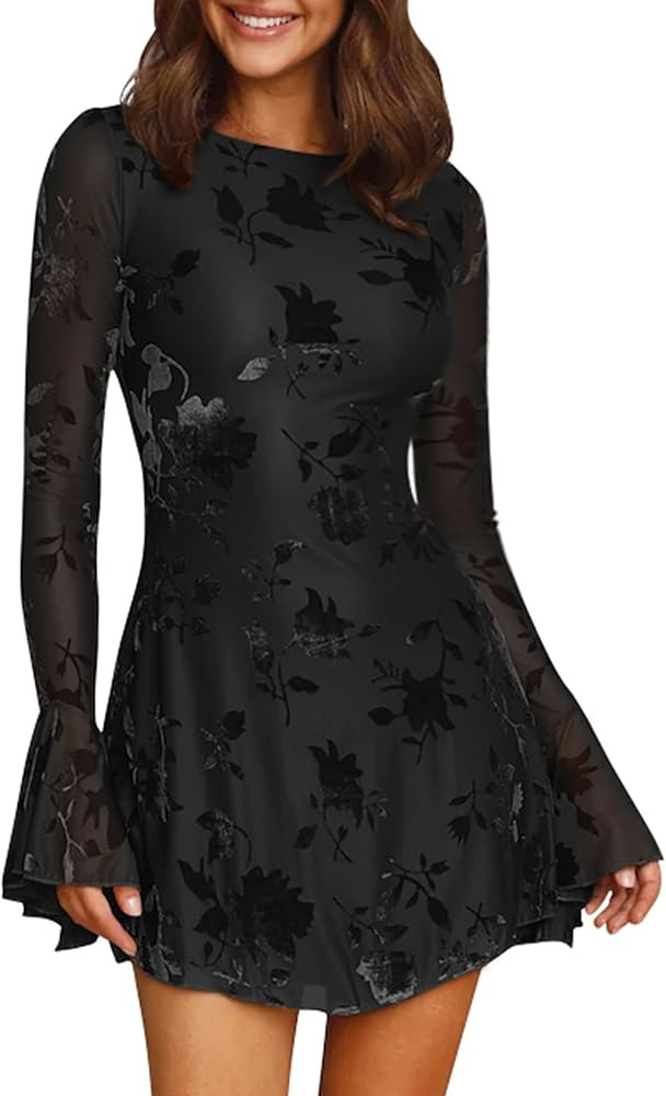 GOKATOSAU Women's Long Sleeve Mesh Velvet Floral Round Neck Fit and Flare Bodycon Mini Dress | Amazon (US)