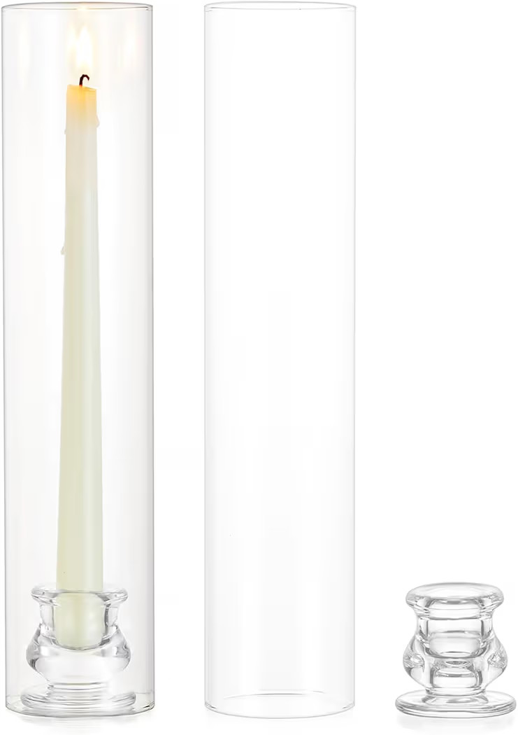 Glass Hurricane Candle Holder: 12" Tall Candlestick Holder with Cylinder Windproof Cover Clear Taper Candle Holders for Wedding Party Birthday Christmas Home Decor Set of 2 | Amazon (US)