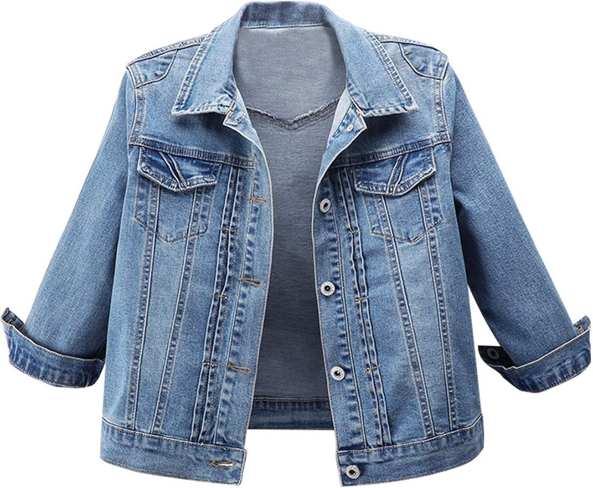 Omoone Women's 3/4 Sleeve Cropped Denim Jacket Summer Short Trucker Jacket Blue Jean Coats Tops | Amazon (US)