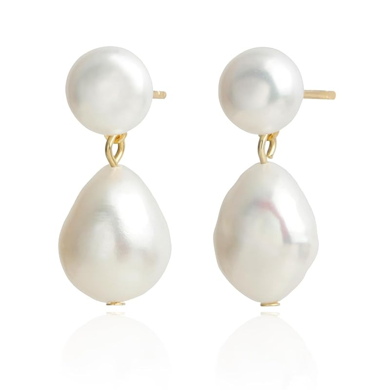 Handmade Freshwater Cultured White Baroque Pearl Dangling Drop Earrings for Women, 14K Gold Plate... | Amazon (US)
