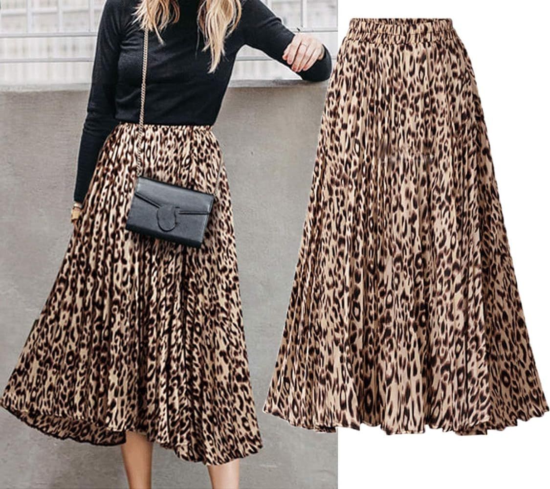 CHARTOU Womens Chic Elastic High Waisted A Line Leopard Print Pleated Shirring Midi-Long Skirt | Amazon (US)
