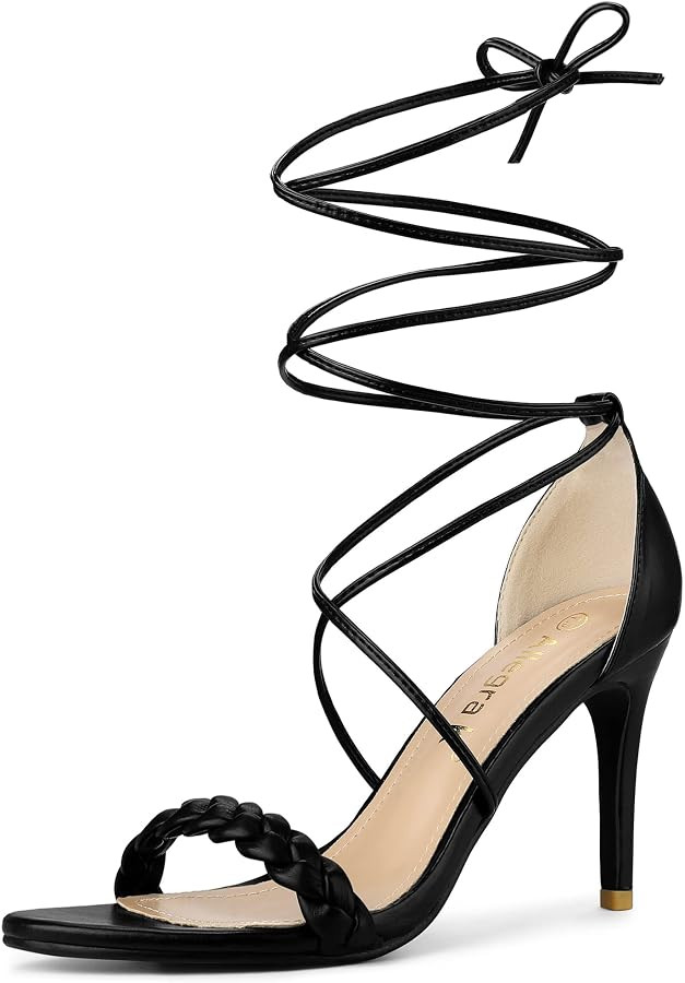 Allegra K Women Woven Strap Lace Up Strappy Stiletto Heel Open Toe Sandals | Amazon (US)