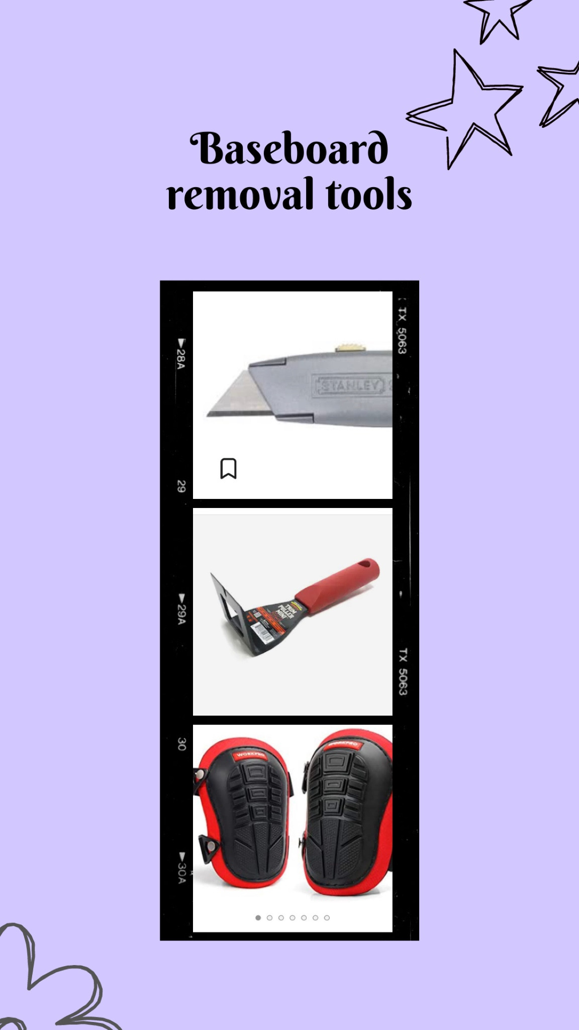 Baseboard removal tools! These items make removing baseboard quick and easy!!! Use the utility 🔪to score, trim puller to take it out and the knee pad to save your sanity! #diy #homeimprovement

#LTKhome #LTKmens #LTKSeasonal