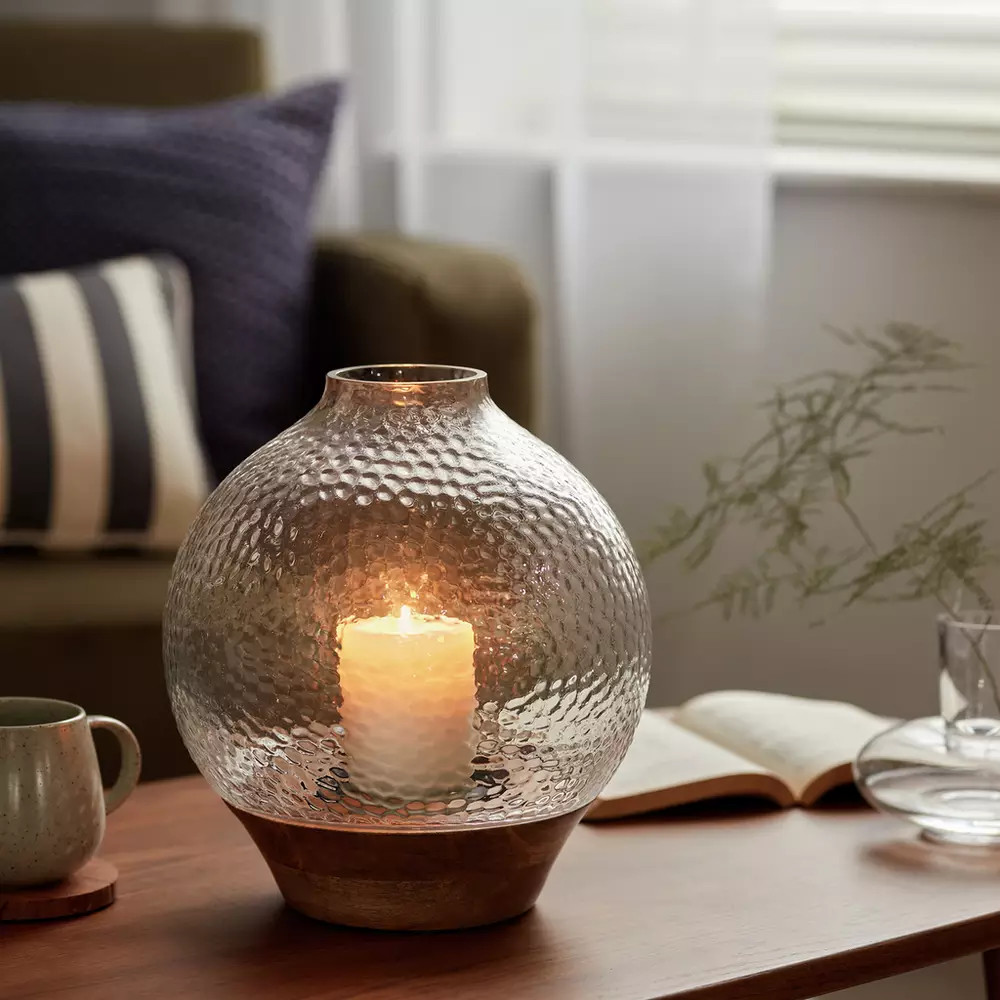 Buy Habitat Hammered Wooden Base Hurricane Candle Holder | Candle holders | Argos | argos.co.uk