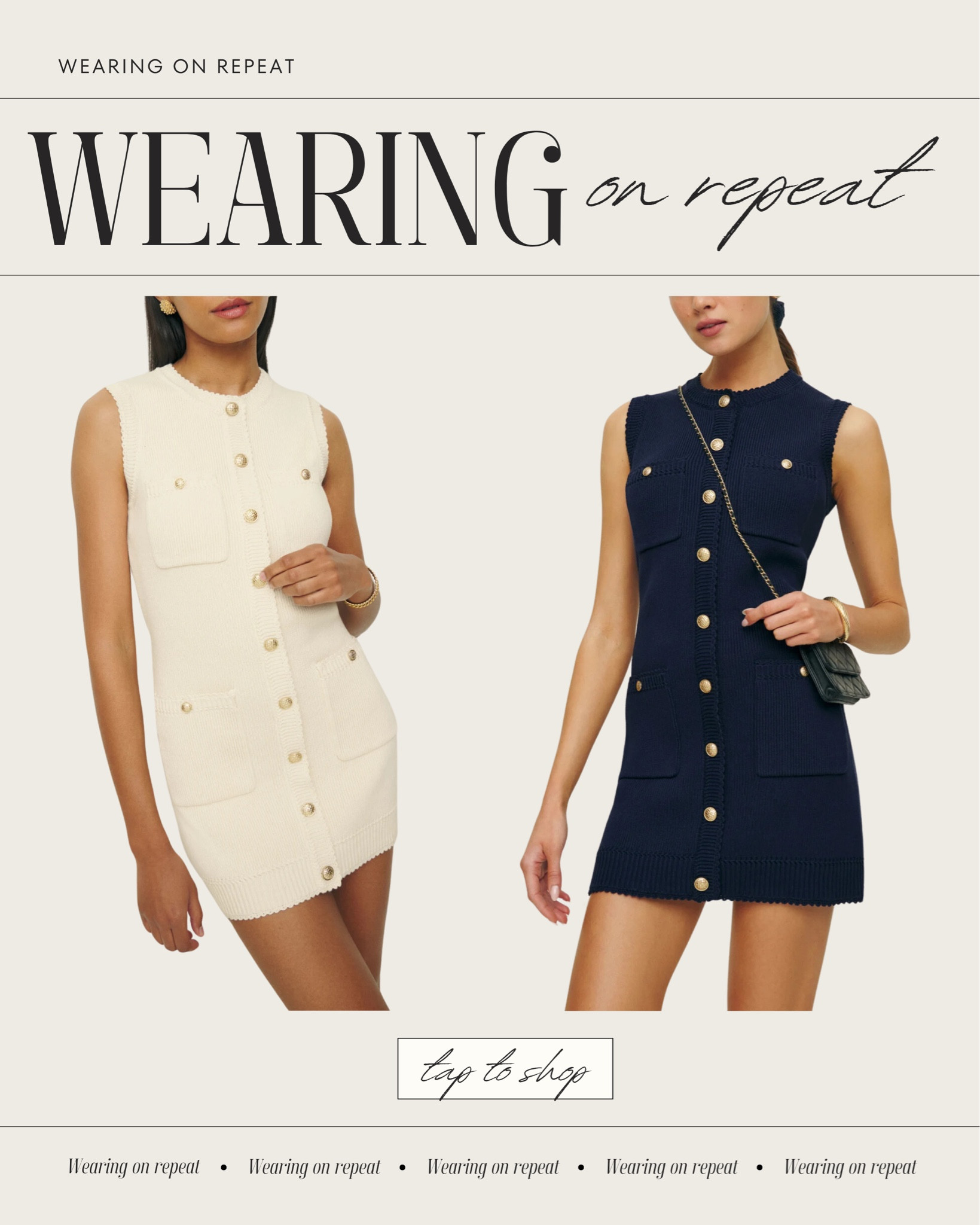 I will be wearing this knit Reformation dress on repeat. Navy knit, beige knit, everyday dress, classic, gold buttons, basic knit dress  

#LTKOver40 #LTKStyleTip #LTKSeasonal