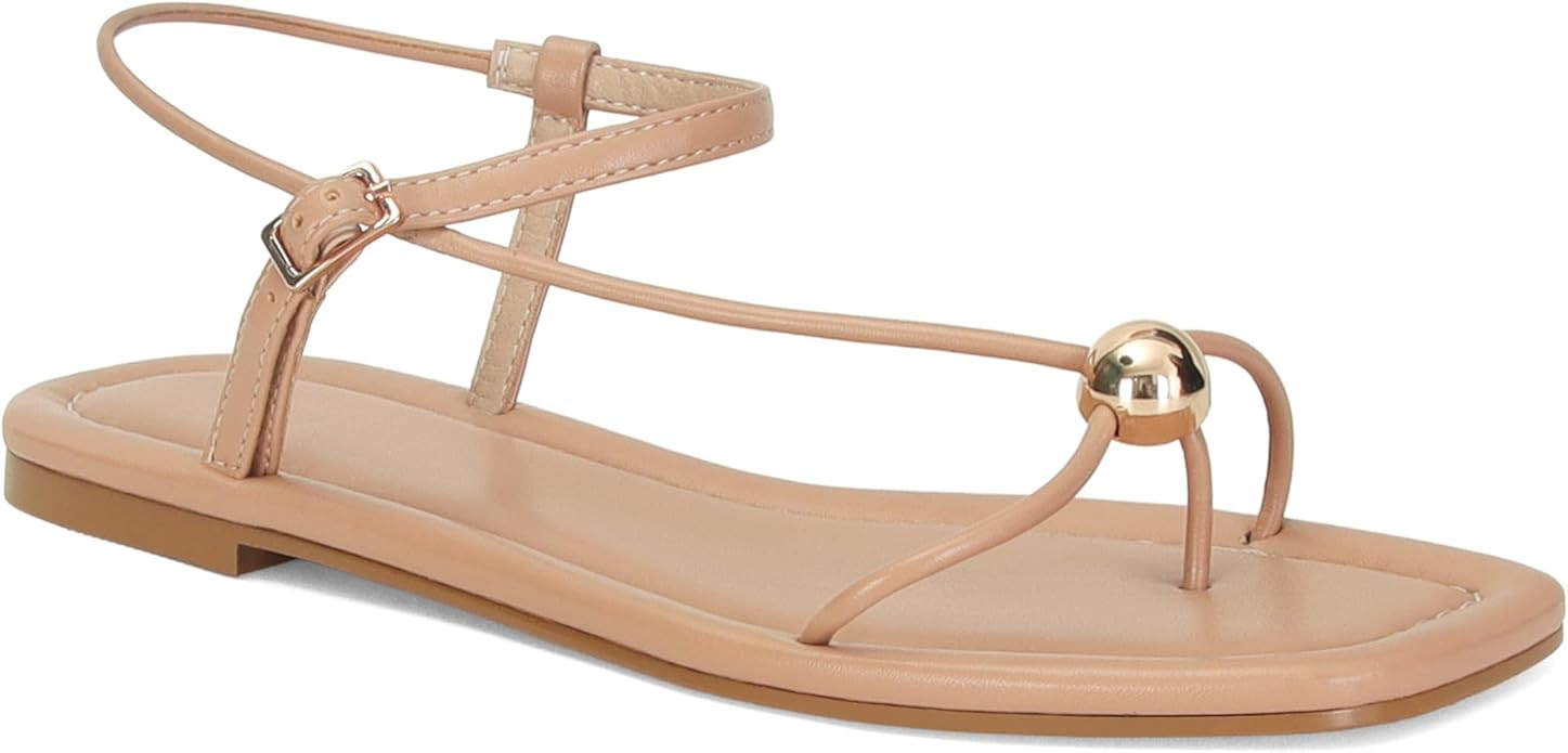 Black Strappy Flat Sandals for Women Comfortable Open Square Toe Sandals Dressy Beach Thong Flip ... | Amazon (US)