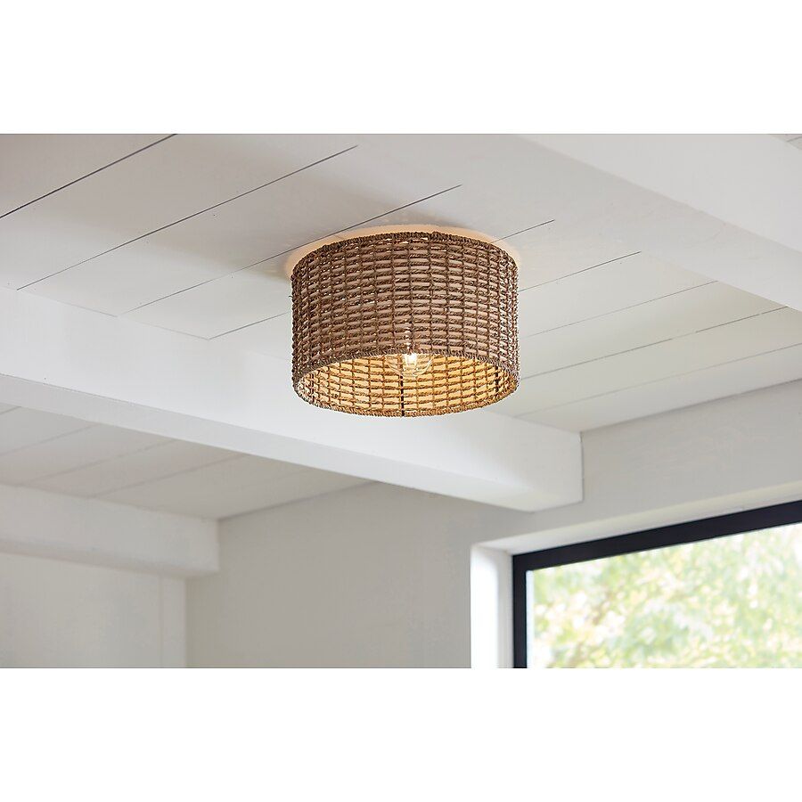 allen + roth  Adara 1-Light 13.625-in Black Canopy with Natural Rattan Shade Incandescent Flush ... | Lowe's