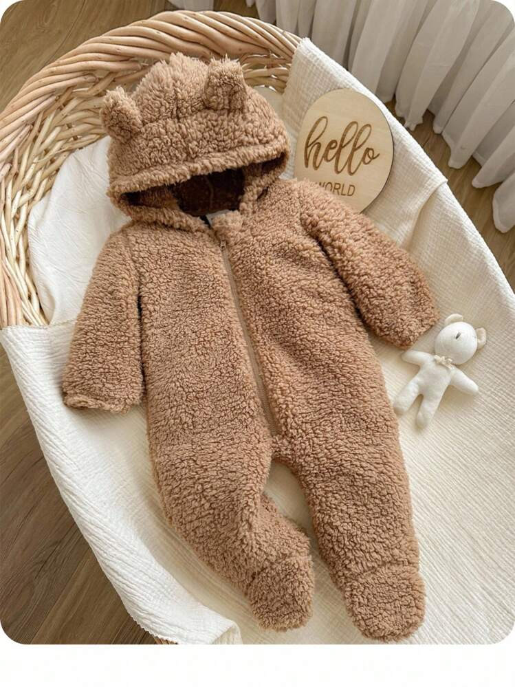 Newborn Baby Girls' Fluffy Solid Color Hooded Jumpsuit, Autumn/Winter Fall | | SHEIN