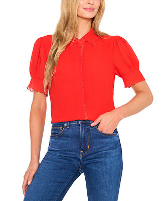CeCe Women's Scalloped Puff-Sleeve Button-Front Top - Macy's | Macy's