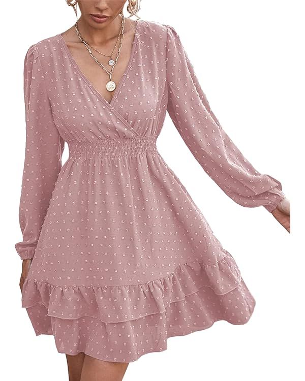 Wrap V Neck Dress for 2022 Fall/Winter with Long Flounce Sleeve Sleeves, Plain Casual Mini Dress,... | Amazon (US)