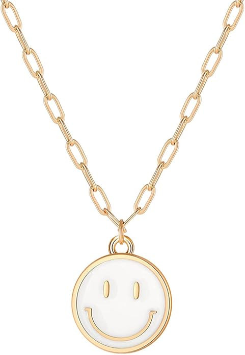 Smile Pendant Necklace Smile Face Chain Necklace Paperclip Necklace Cute Round Pendant Necklace P... | Amazon (US)