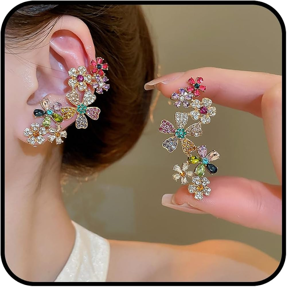 Colorful Flower Ear Climber Earrings for Women \u2013 Multicolor Cubic Zirconia Floral Stud and E... | Amazon (CA)