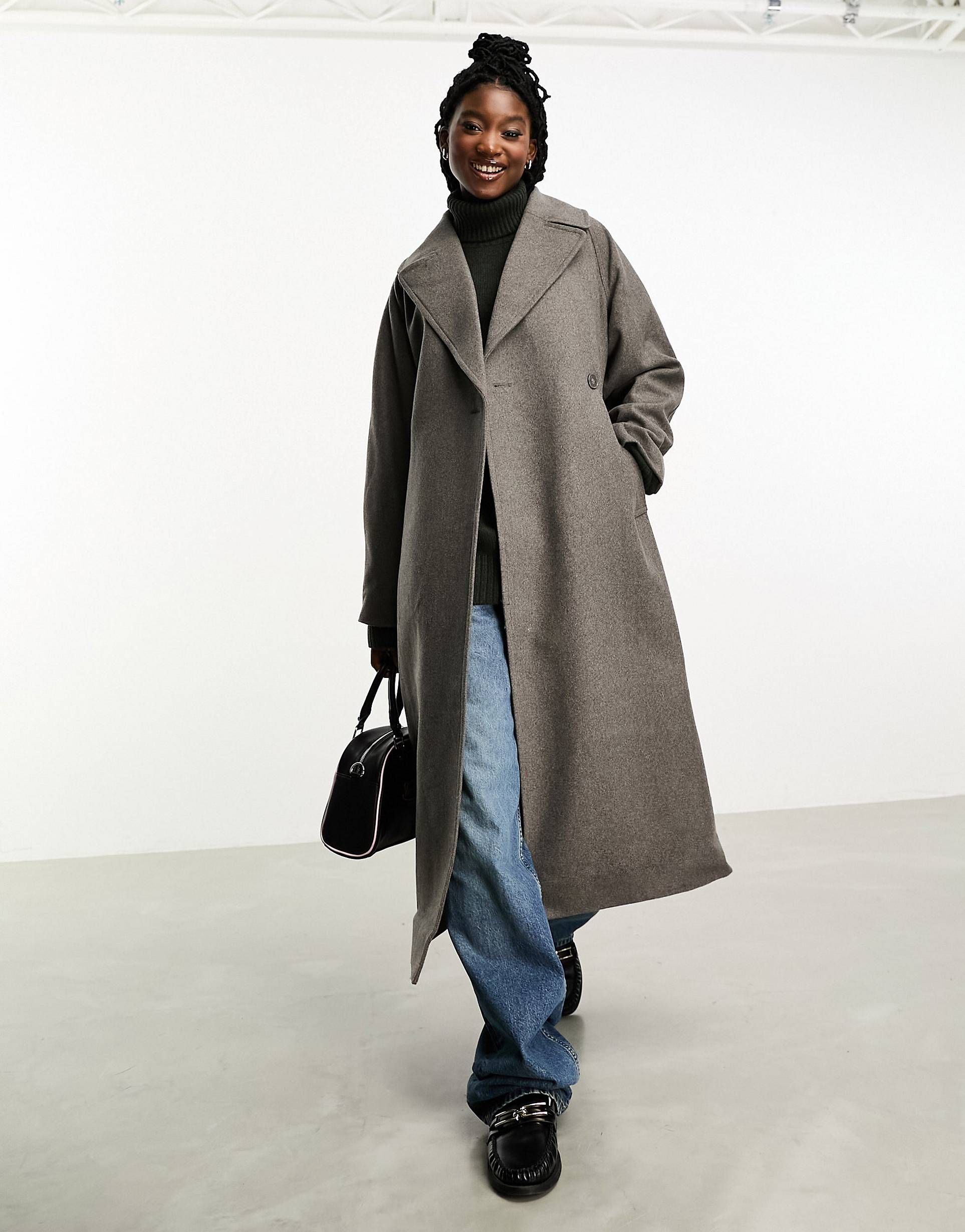 Weekday Kia wool blend oversized coat with tie waist detail in brown | ASOS (Global)