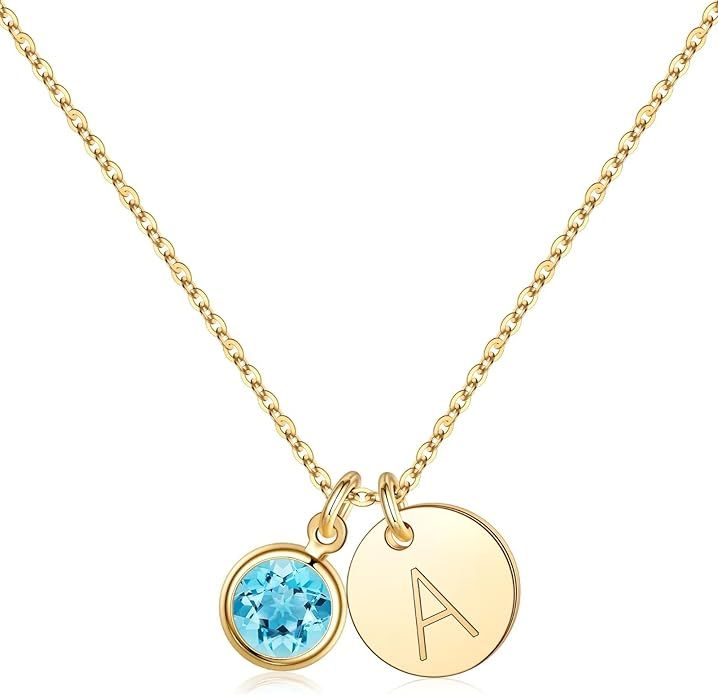 Hidepoo Initial Birthstone Necklace 14K Gold Plated Disc Initial Necklace Birthstone Necklace Per... | Amazon (US)