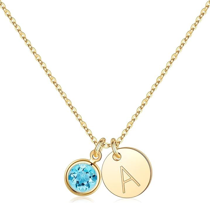 Hidepoo Initial Birthstone Necklace 14K Gold Plated Disc Initial Necklace Birthstone Necklace Per... | Amazon (US)