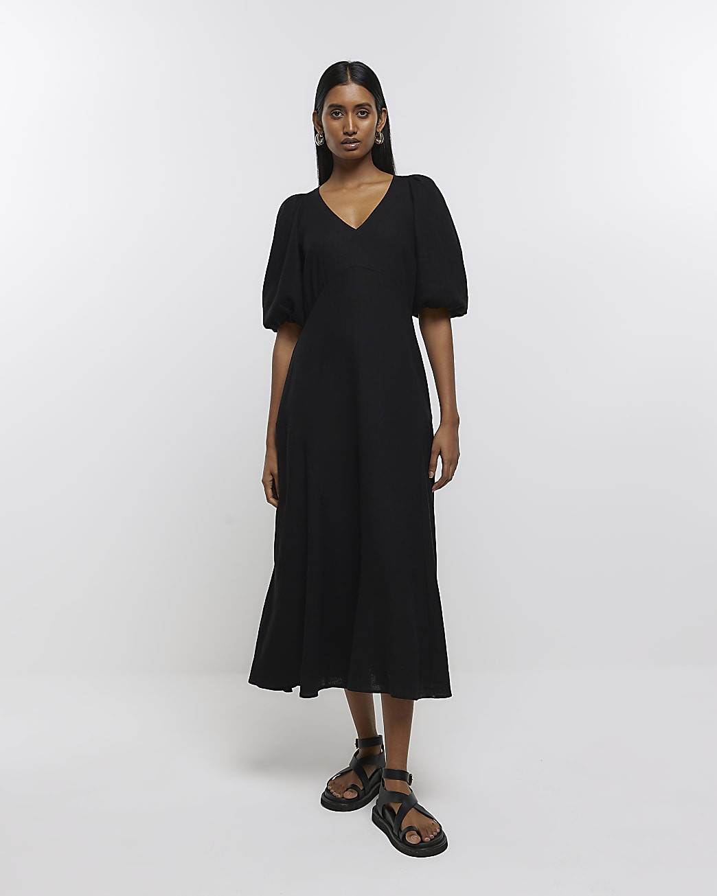 Black linen puff sleeve smock midi dress | River Island (UK & IE)