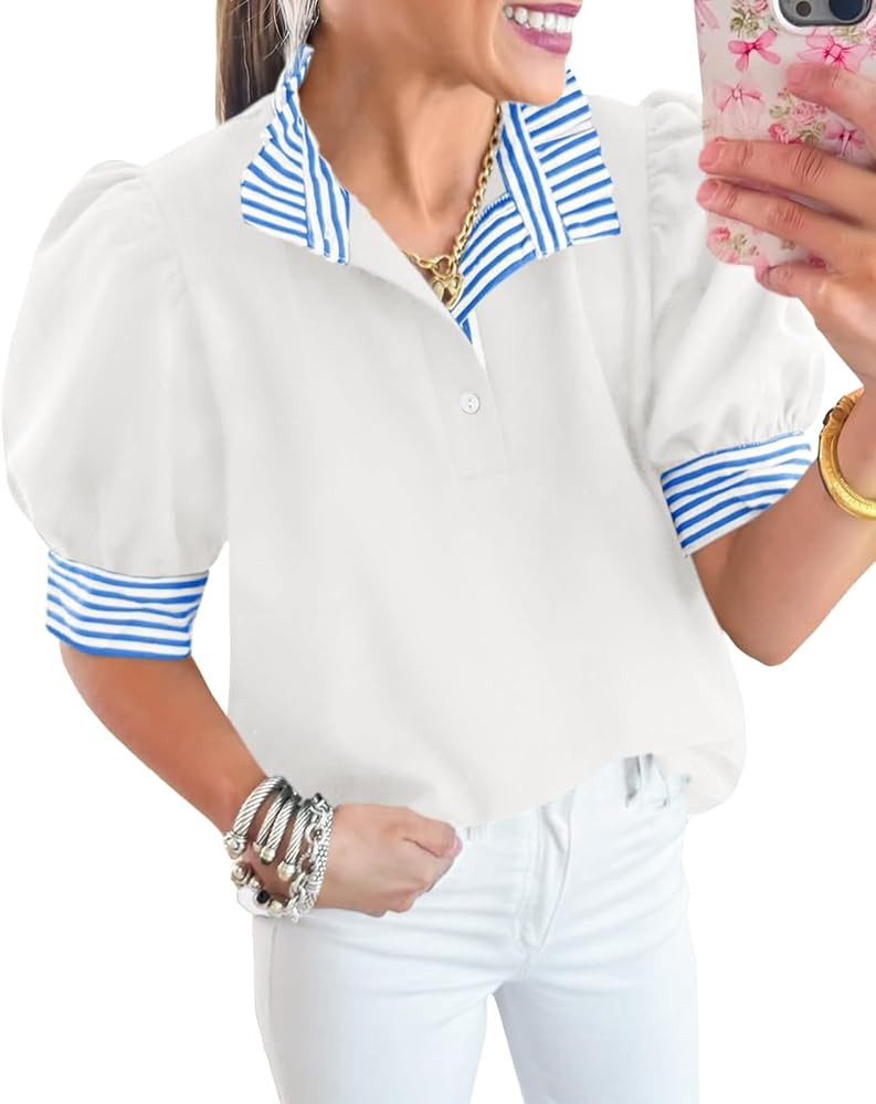 Cicy Bell Womens Summer Puff Sleeve Blouses Casual Dressy Ruffle V Neck Tops Color Block Striped ... | Amazon (US)