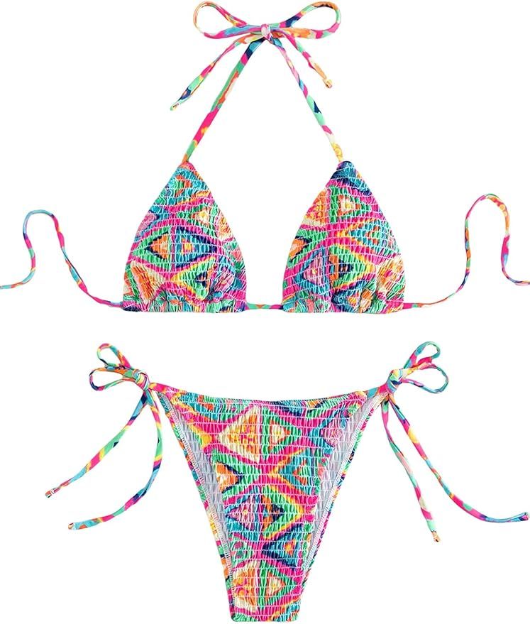 Cozyease Women's 2 Piece Floral Bikini Sets Smocked Drawstring Side Triangle Halter Sexy Cute Swi... | Amazon (US)